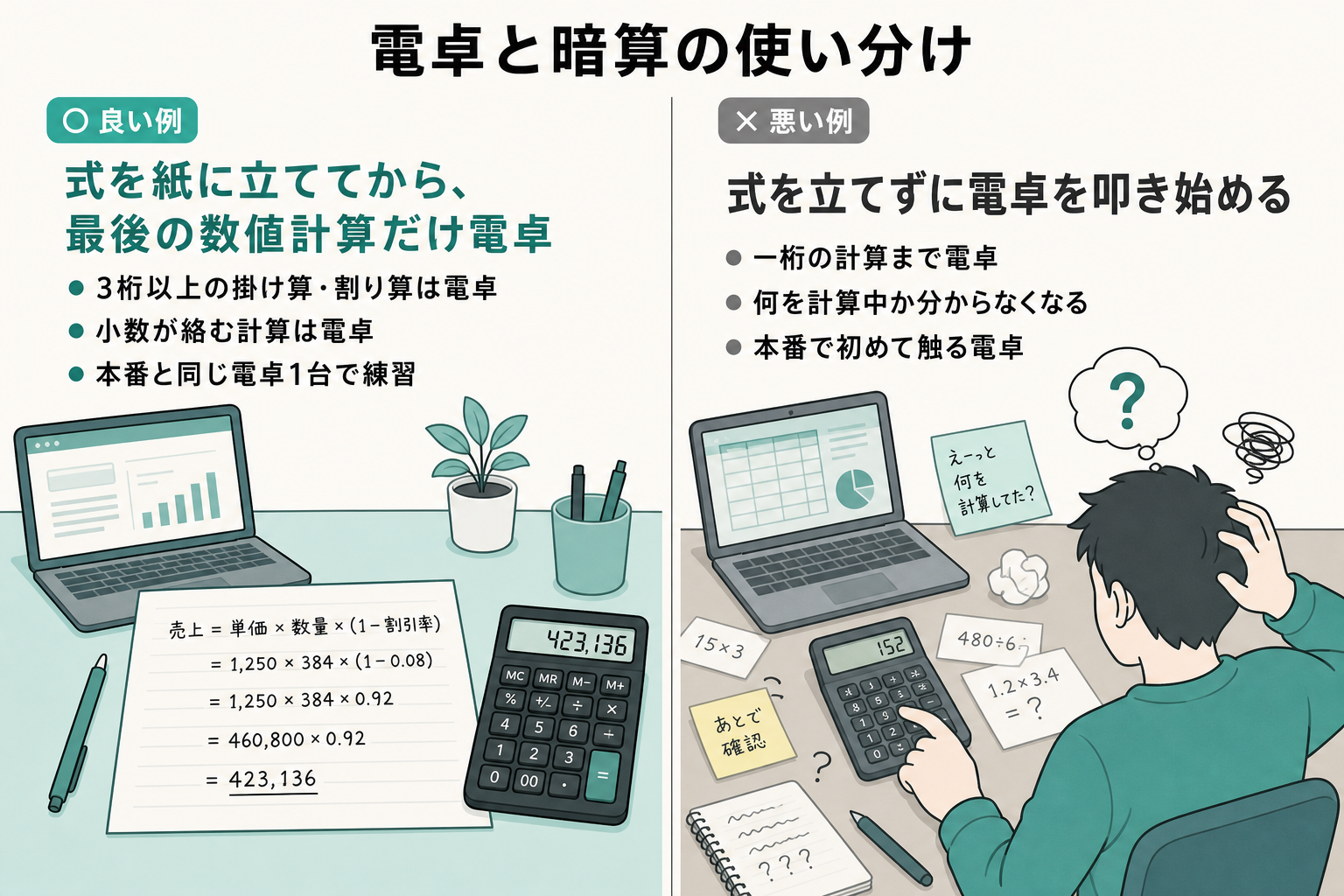 電卓を使う場面と暗算で済ませる場面の良い例・悪い例を比べた図