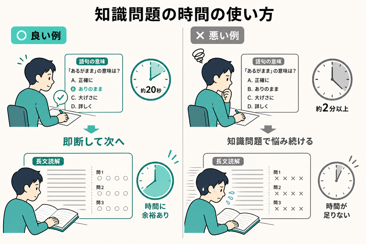 知識問題を即断して長文に時間を残す良い例と、悩み続けて時間切れになる悪い例の比較図