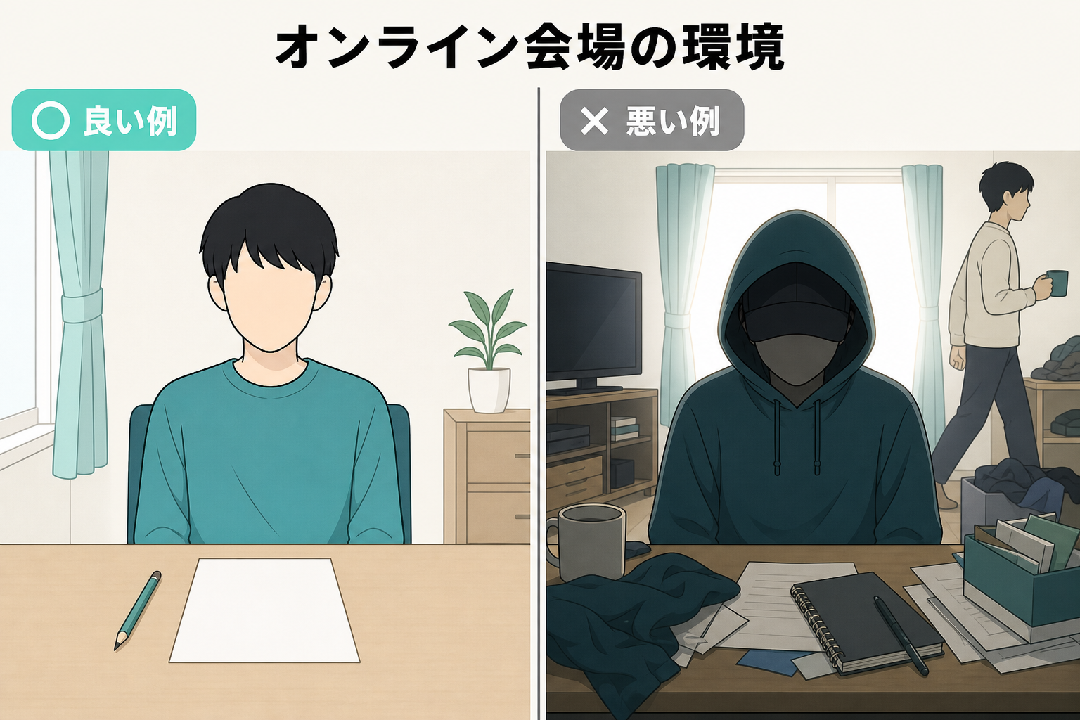 オンライン会場で受検するときの良い環境と避けたい環境を比べたイラスト