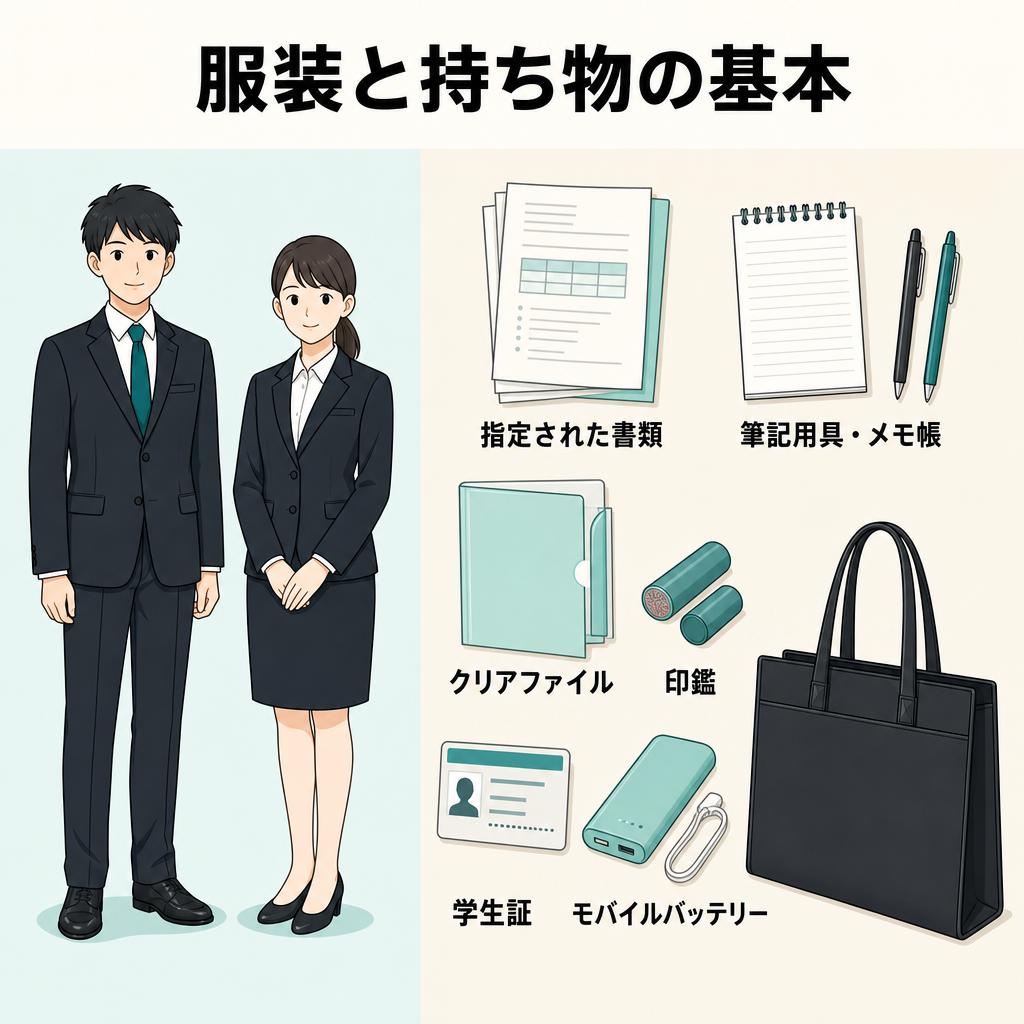 内定式にふさわしいスーツ姿と、書類や筆記用具などの持ち物を並べたイラスト