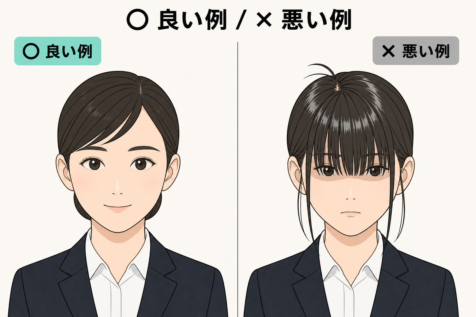 証明写真の前髪の良い例と悪い例を左右で比較したイラスト