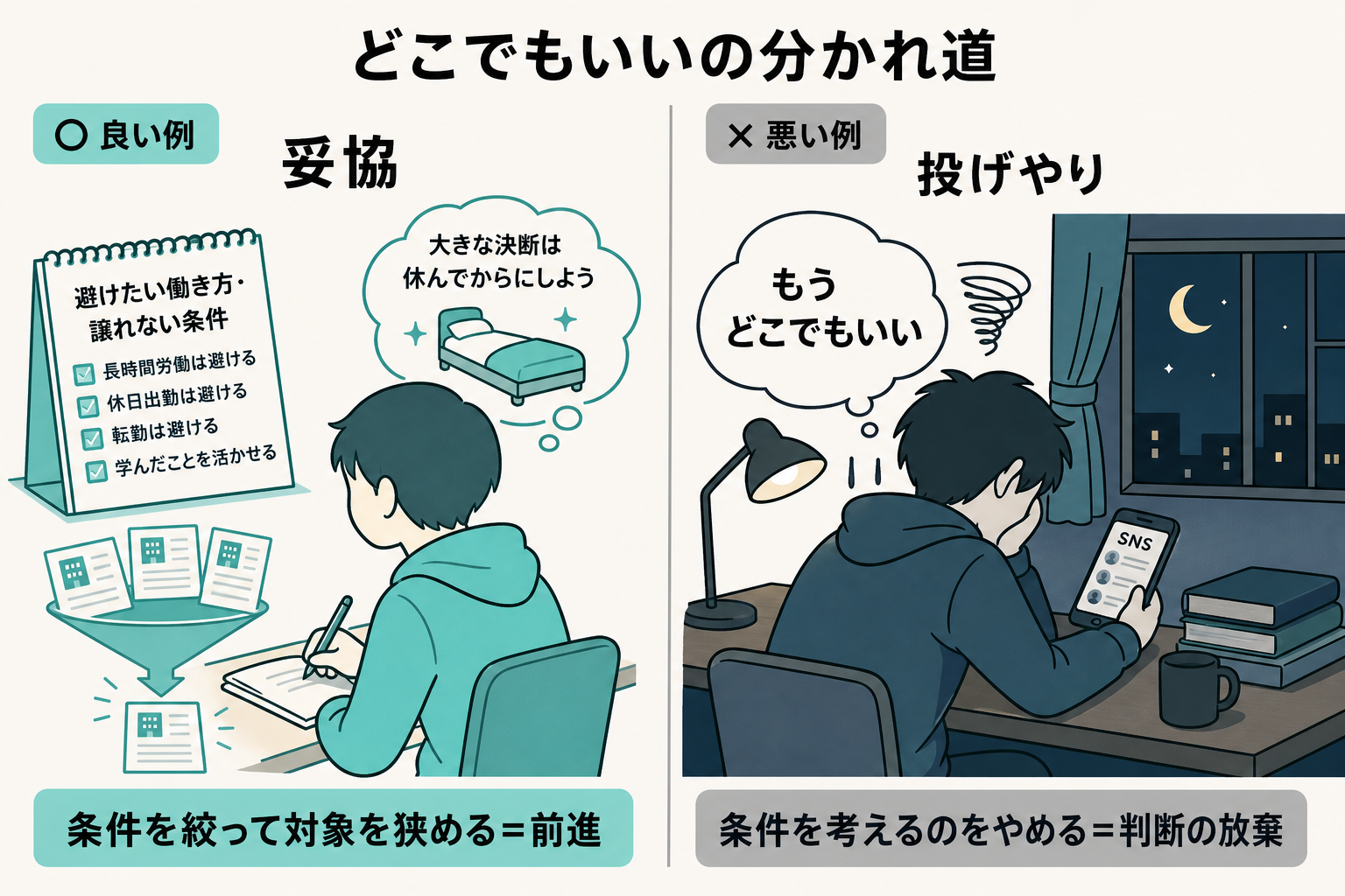 条件を絞る妥協と判断を放棄する投げやりな状態を左右で比べたイラスト