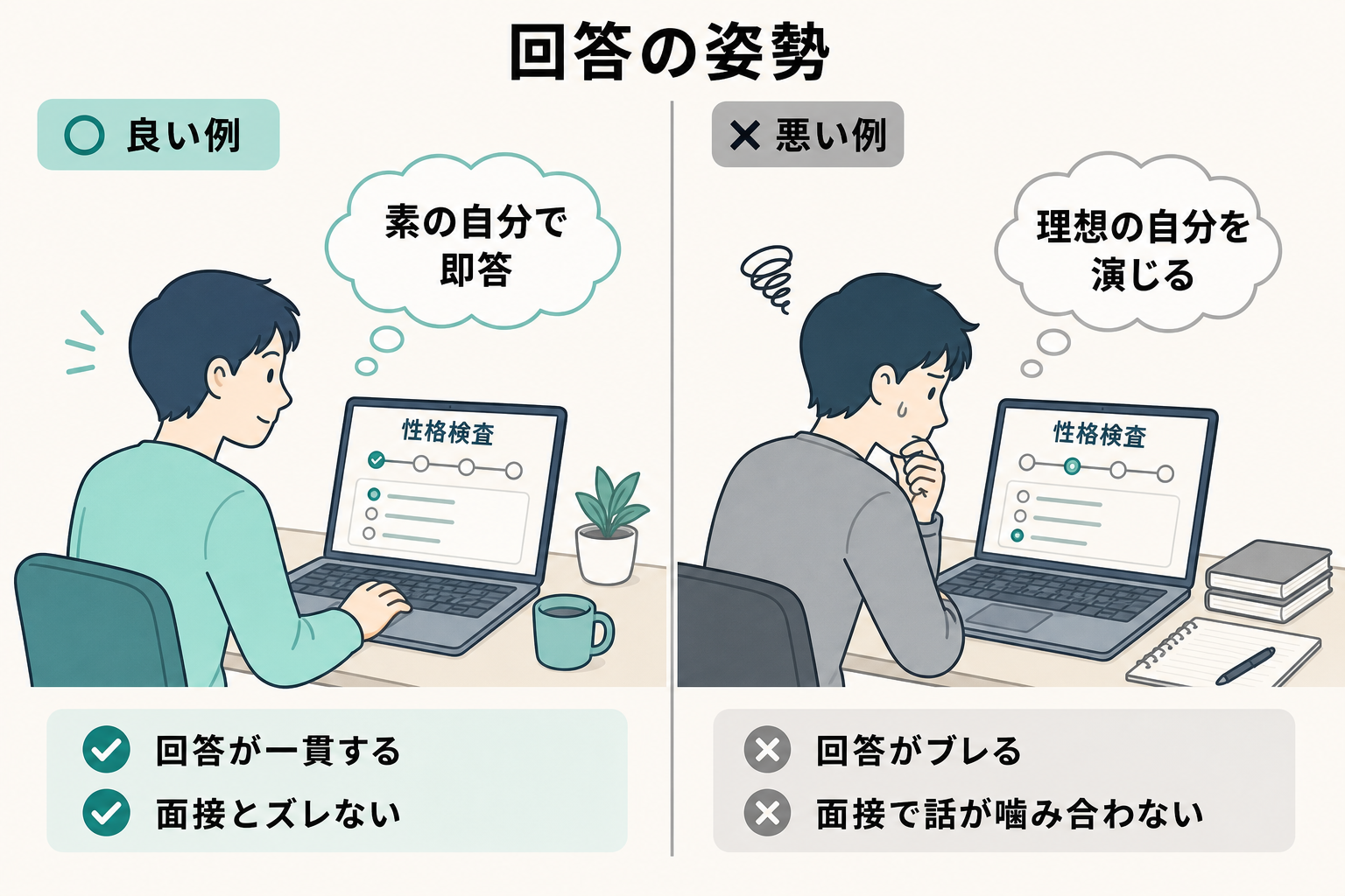素の自分で答える場合と理想の自分を演じる場合を左右で比べたイラスト