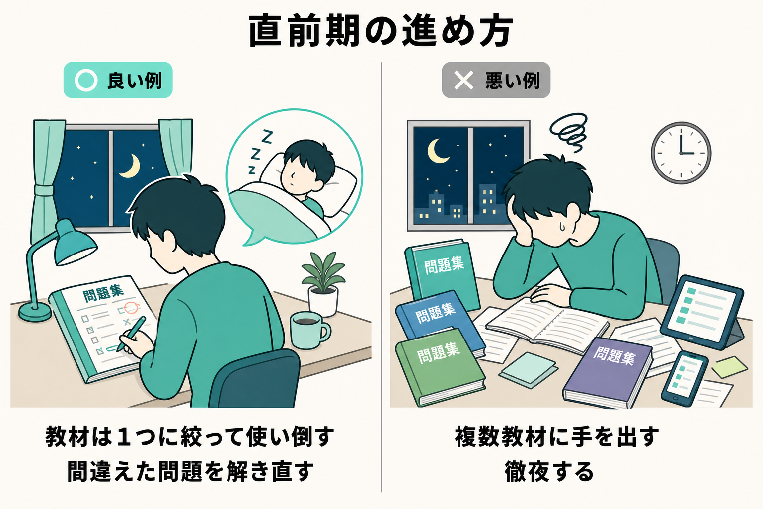 教材を1冊に絞る良い進め方と、複数教材や徹夜に走る悪い進め方を左右で比べた図