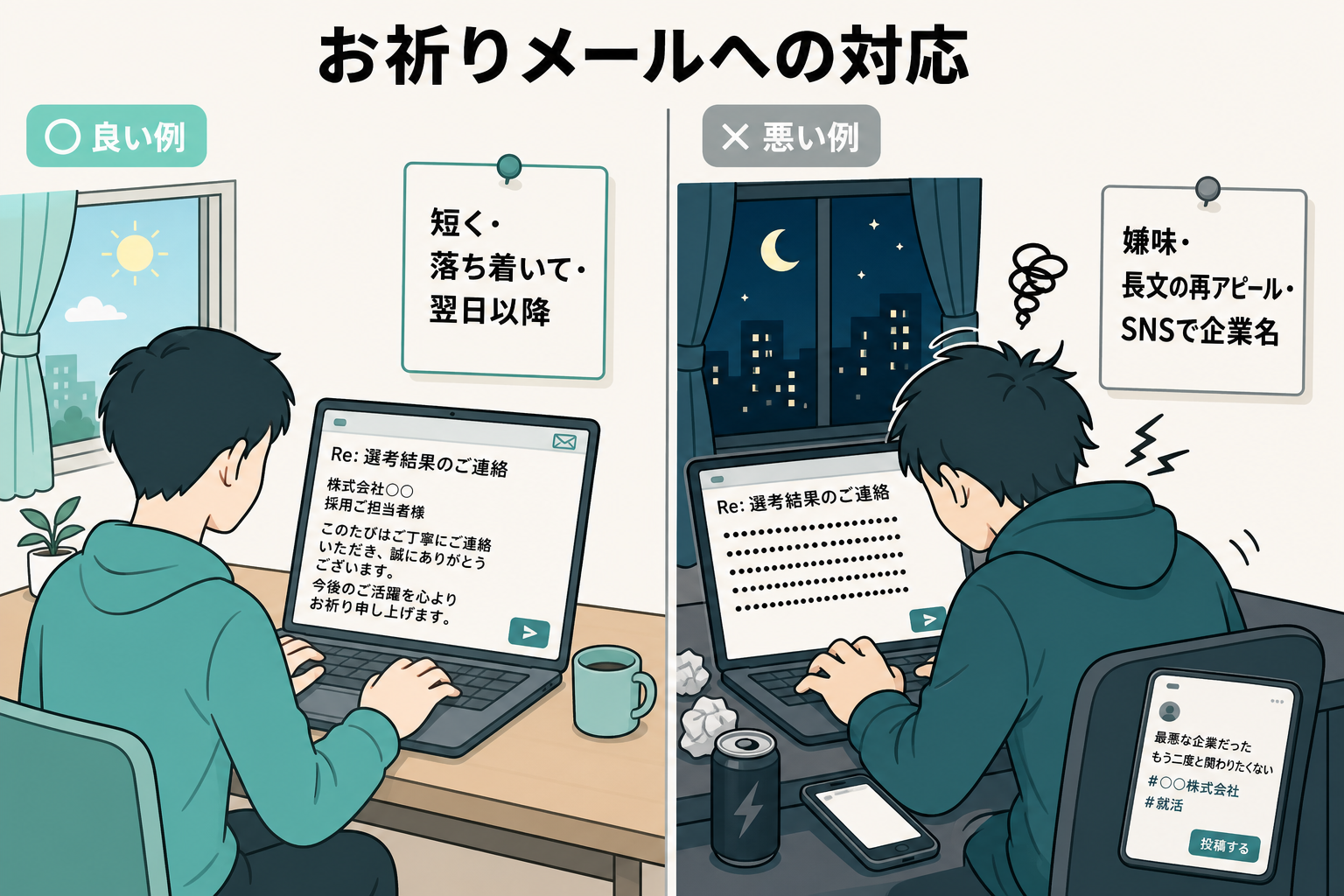 お祈りメール受信後の落ち着いた対応と、嫌味やSNS投稿などNG対応を比べたイラスト