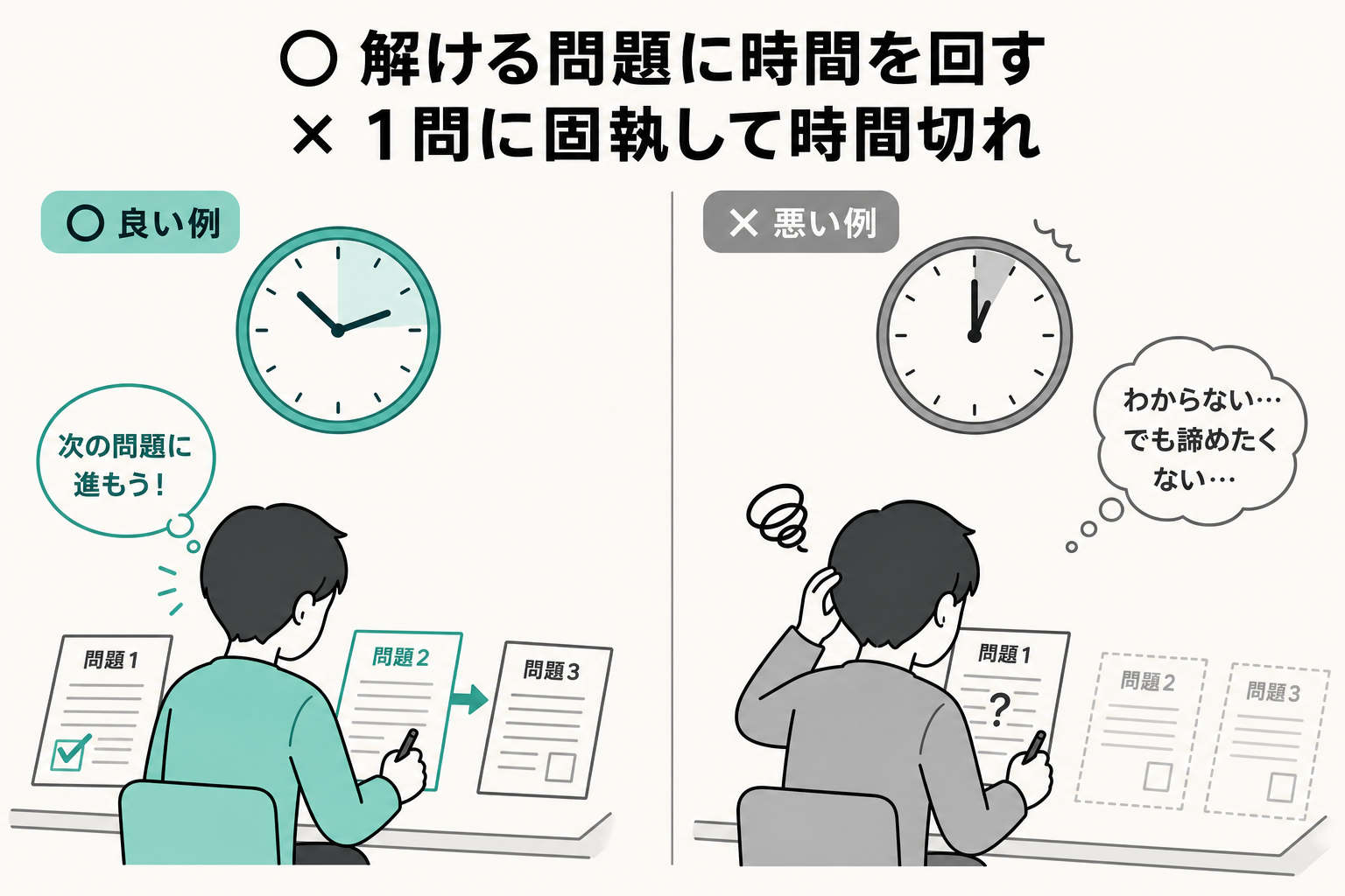 SPIで時間が足りないときの良い例(解ける問題に時間を回す)と悪い例(1問に固執)の比較図