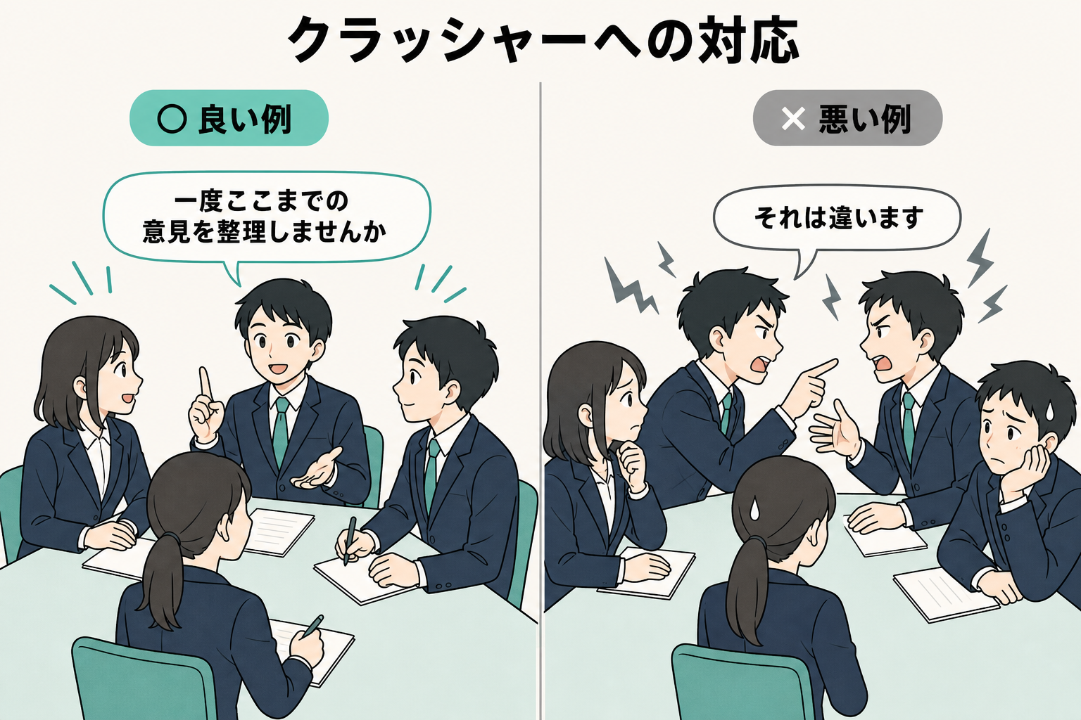 議論を壊す人がいる場面での良い立ち回りと悪い立ち回りを比較したイラスト
