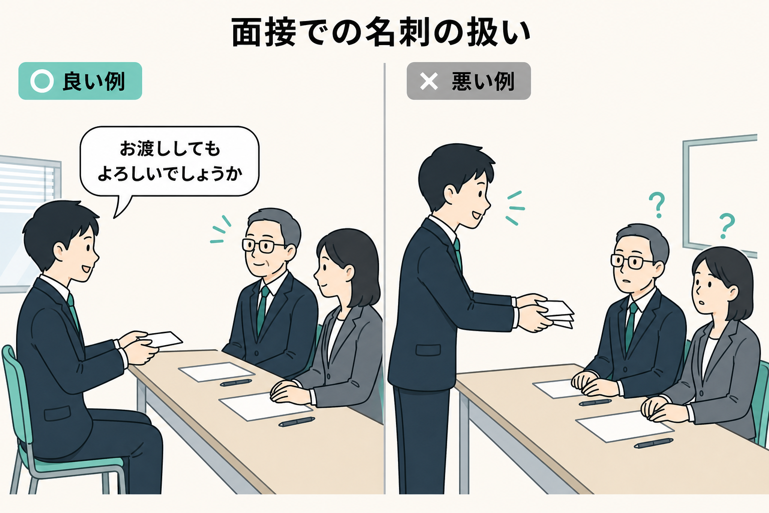 面接で名刺を渡す良い例と一方的に配る悪い例を比べたイラスト