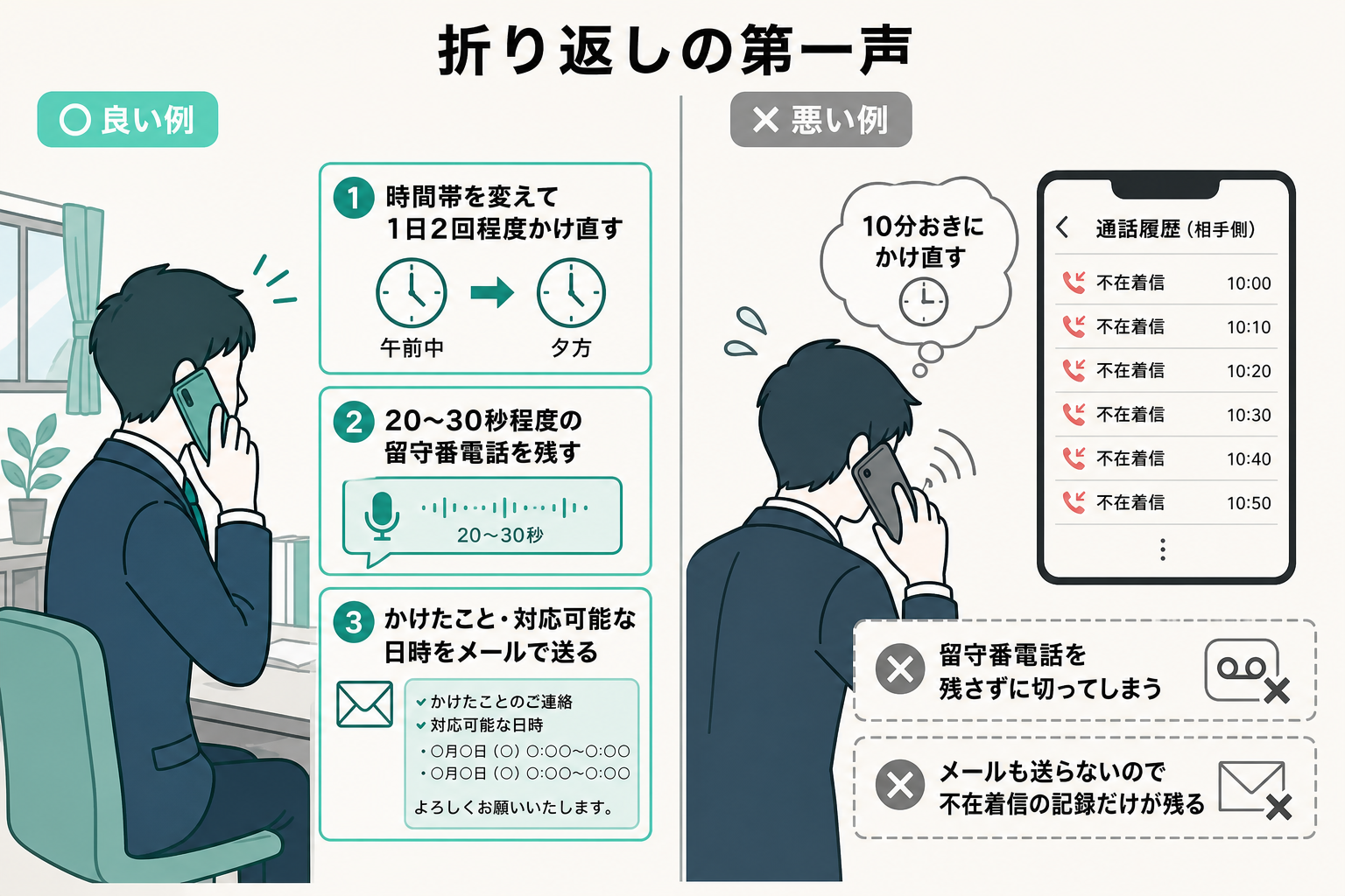 折り返してもつながらない場合の良い対応と避けたい対応を左右で比較したイラスト