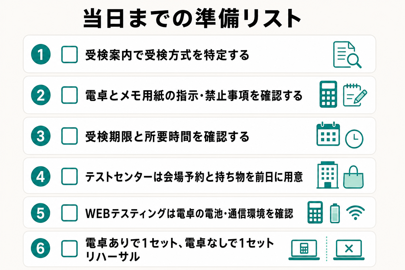 SPI受検当日までに確認すべき準備項目をまとめたチェックリスト