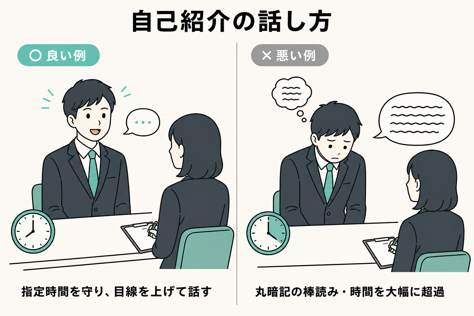 時間を守り目線を上げて話す良い例と、丸暗記の棒読みで話しすぎる悪い例を比べたイラスト