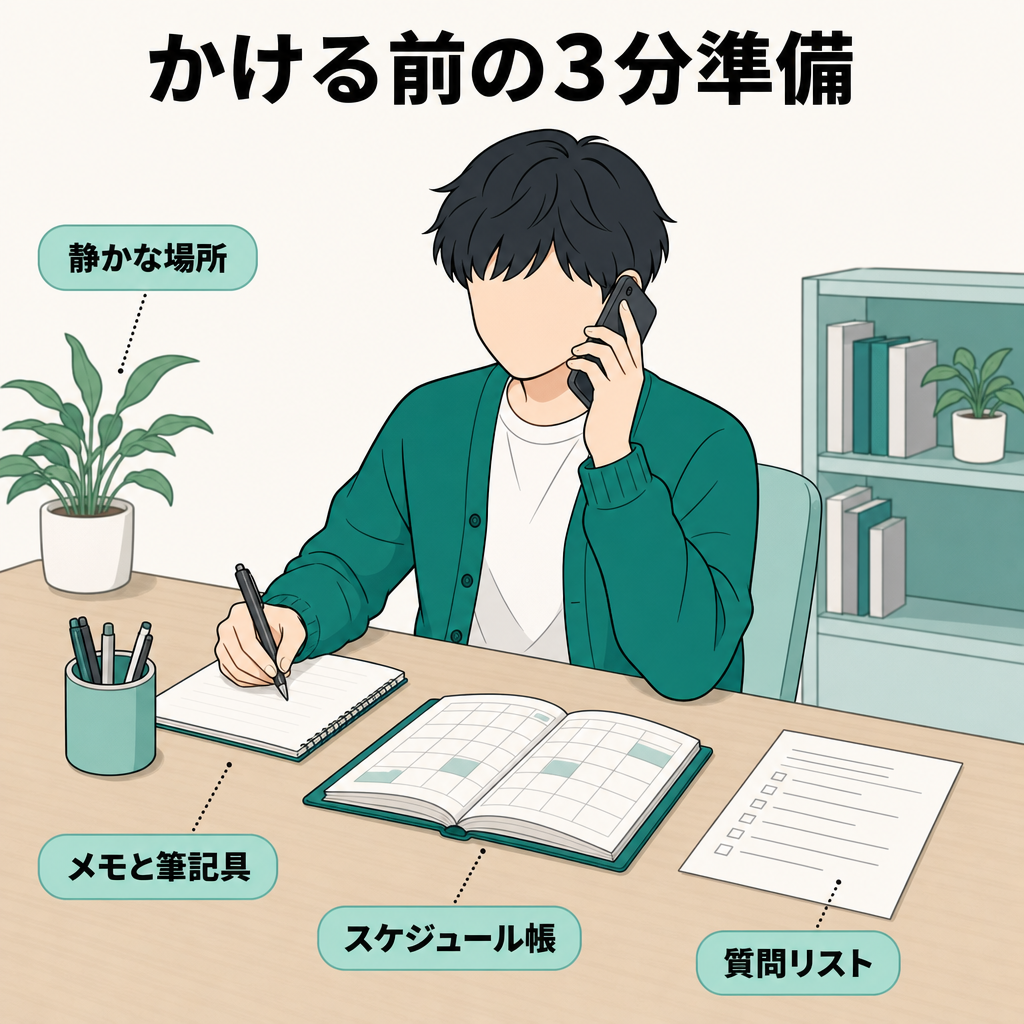 メモ・スケジュール帳・質問リストを用意して静かな場所で電話をかける学生のイラスト