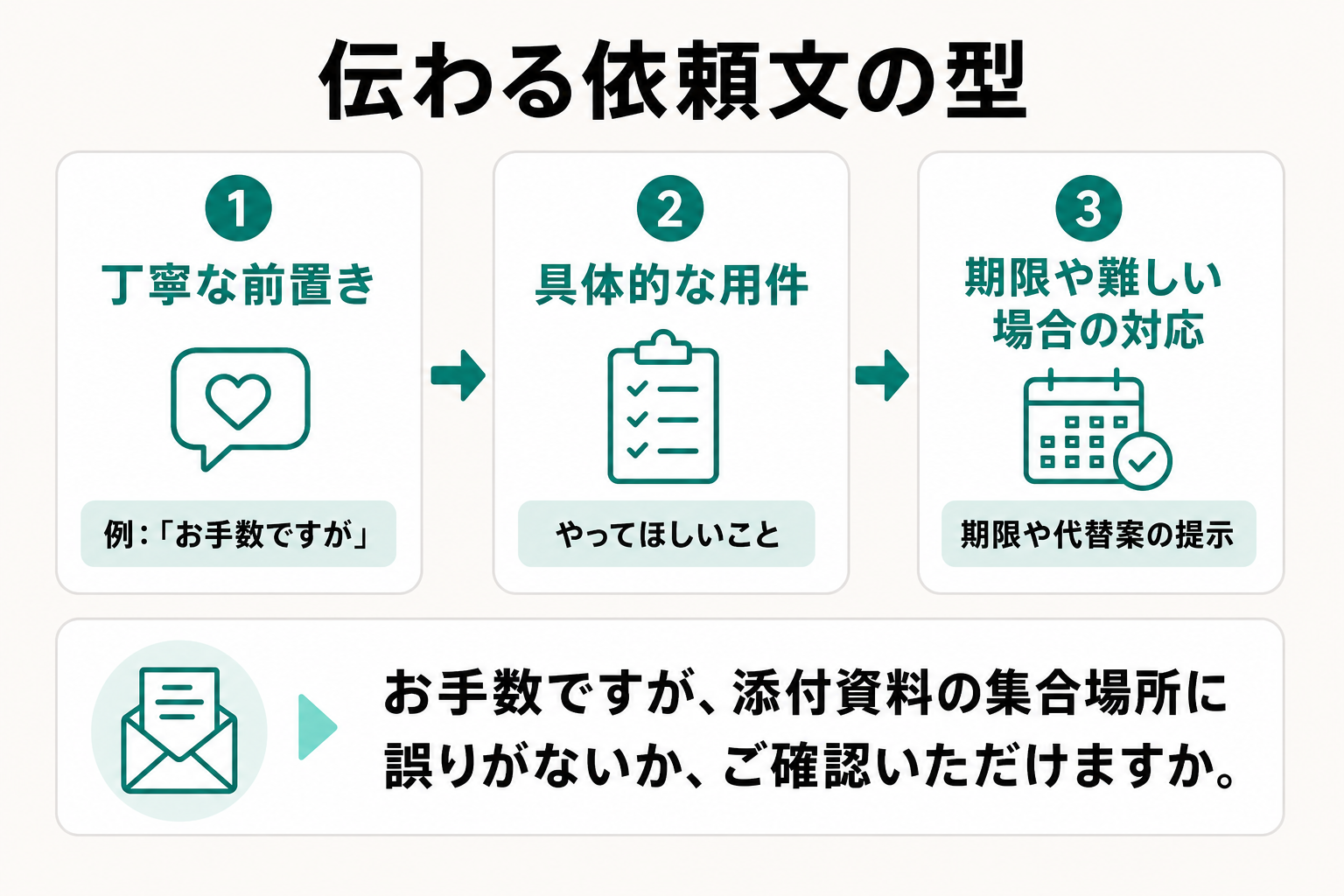 前置き・具体的な用件・期限の3ステップで依頼文を組み立てる流れを示した図