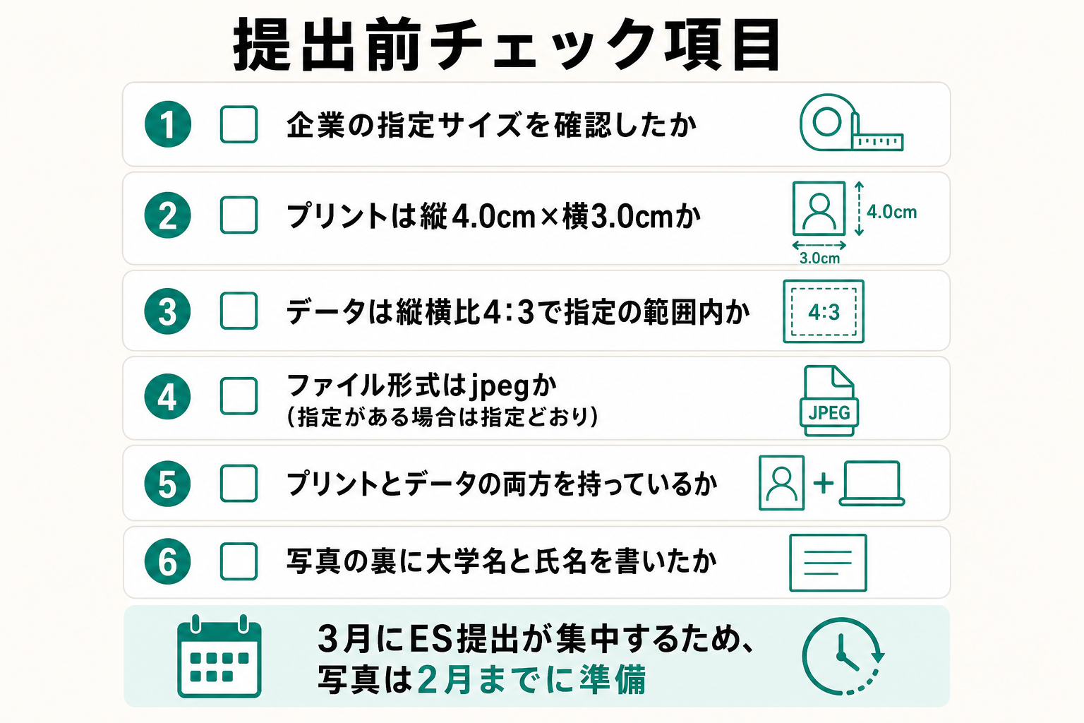 提出前に確認したい証明写真のサイズ関連チェックリストの図