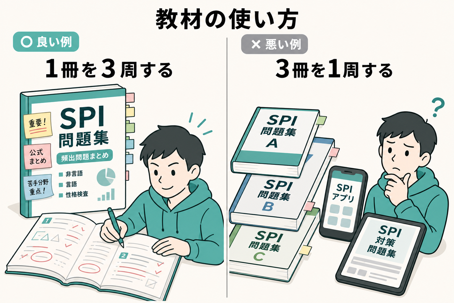 1冊を3周する使い方と複数教材を1周ずつ試す使い方を左右で比べたイラスト