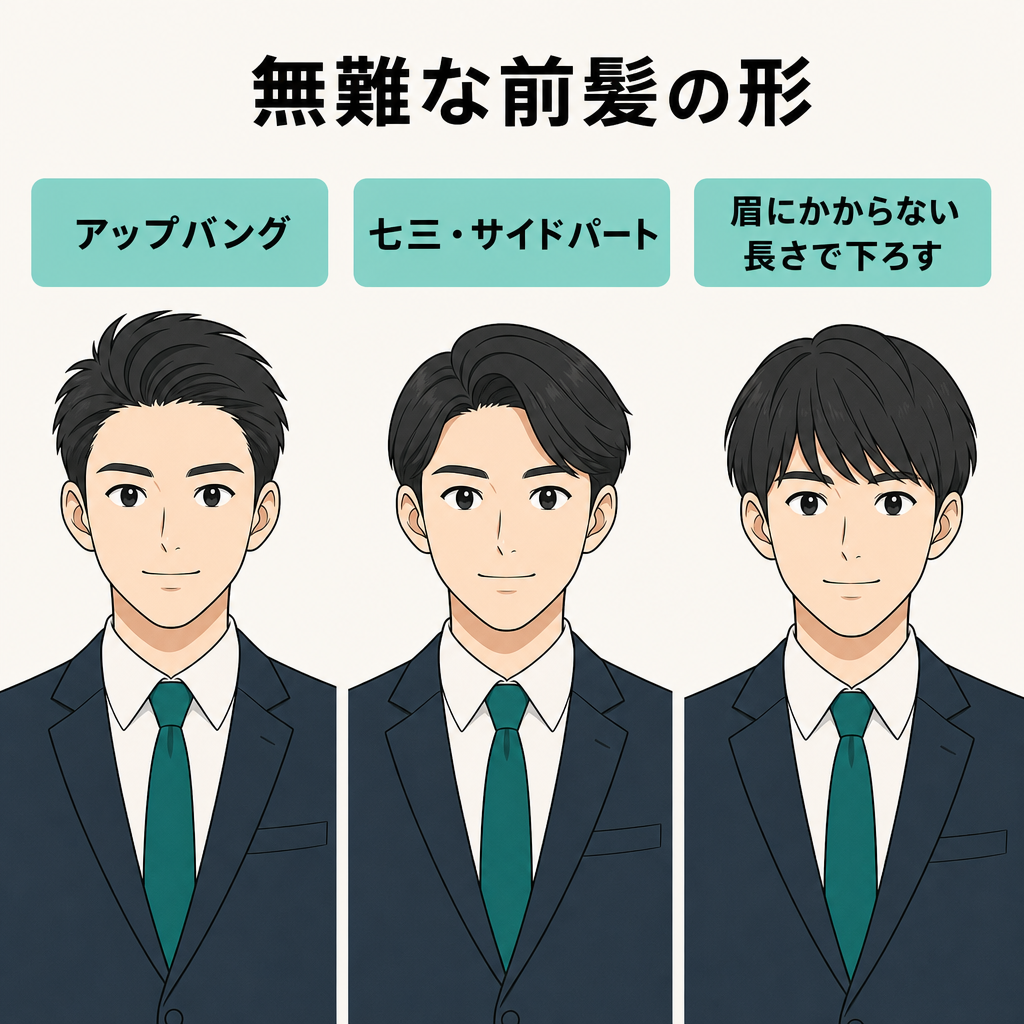 アップバング・七三分け・下ろし前髪の3スタイルを並べたイラスト