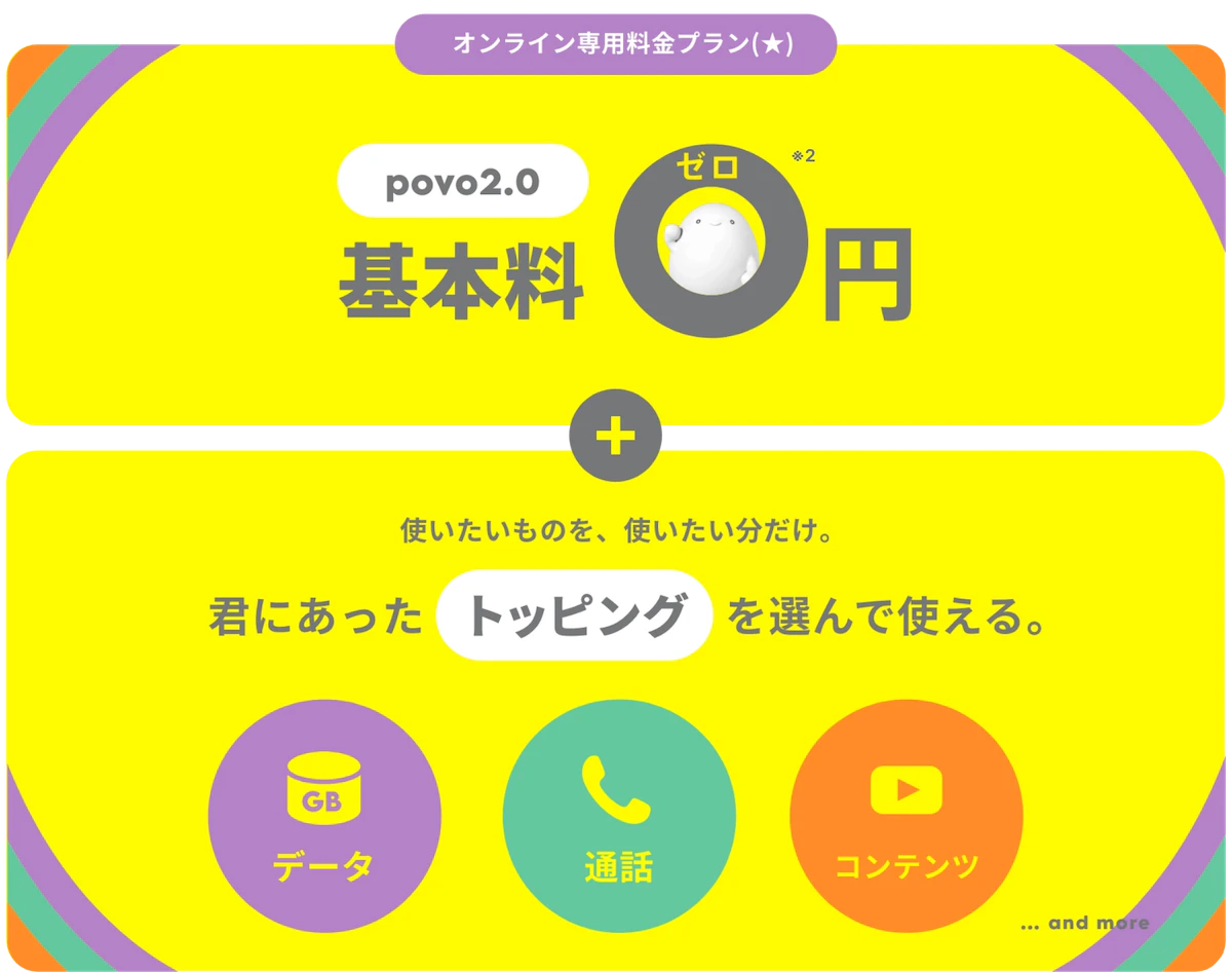 ゼロから自分でつくるスマホプラン／基本料0円＋使いたいものを、使いたい分だけ。君にあったトッピングを選んで使える。