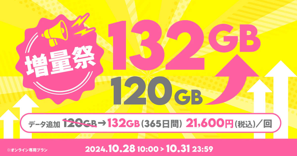 【増量中】データ追加132GB(365日間)【データ専用初回】