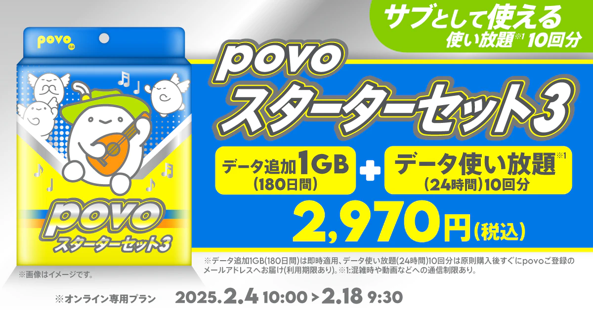 【スターターセット】データ追加1GB(180日間)+データ使い放題(24時間)10回分