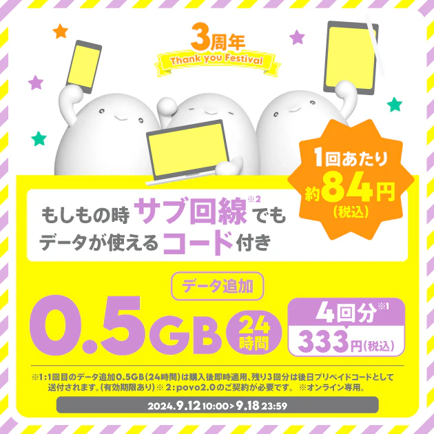 データ追加0.5GB（24時間）4回分