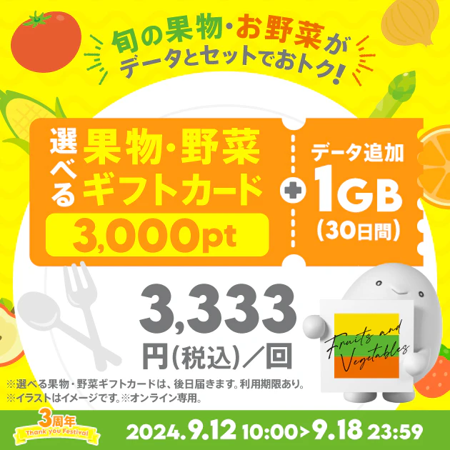 果物・野菜ギフトカード3,000円付き1GB（30日間）