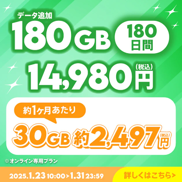 【期間限定】データ追加180GB(180日間)