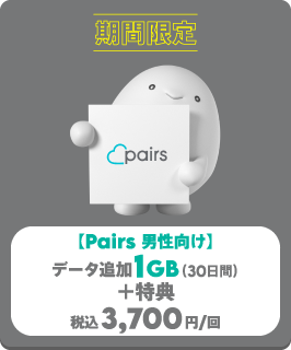 Pairs 男性向け データ追加1GB(30日間)+特典 税込3,700円