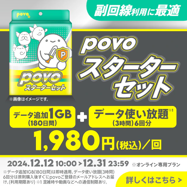 【スターターセット】データ追加1GB(180日間)＋データ使い放題(3時間)6回分