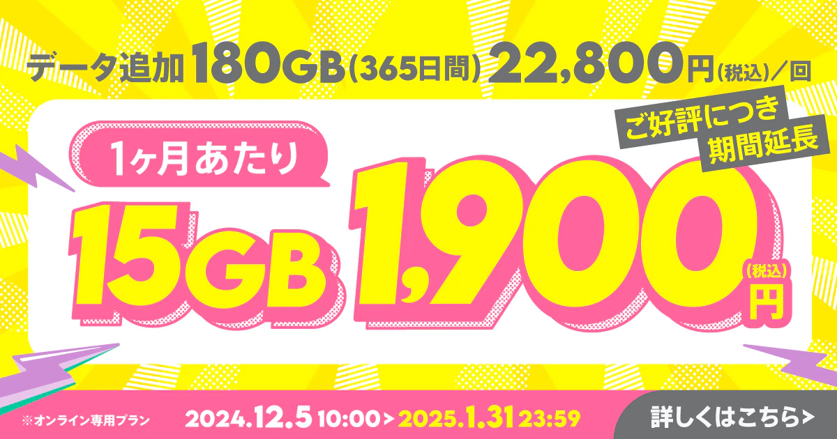 【期間限定】データ追加180GB(365日間)