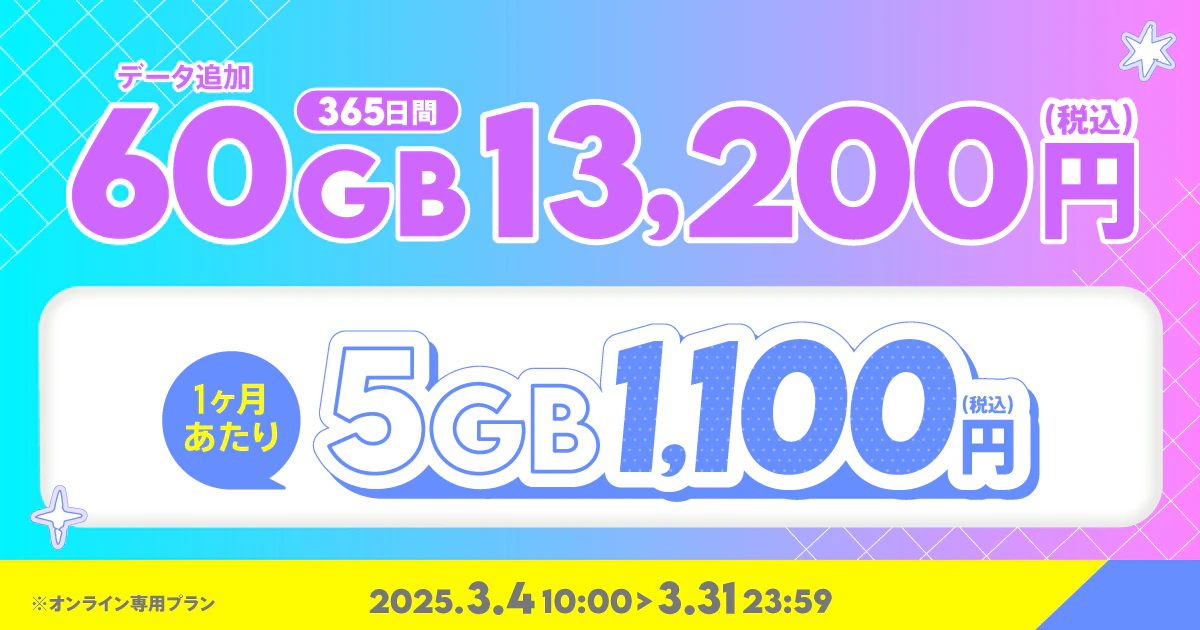 【期間限定】データ追加60GB(365日間)