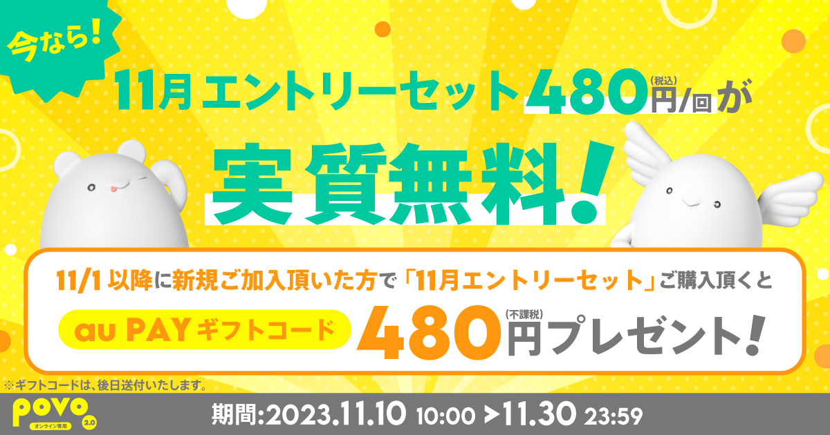 11月のエントリーセット480円が実質無料！