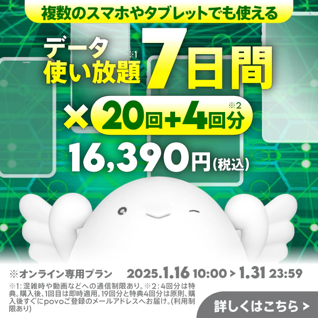 【期間限定】特典付き データ使い放題(7日間)20回分