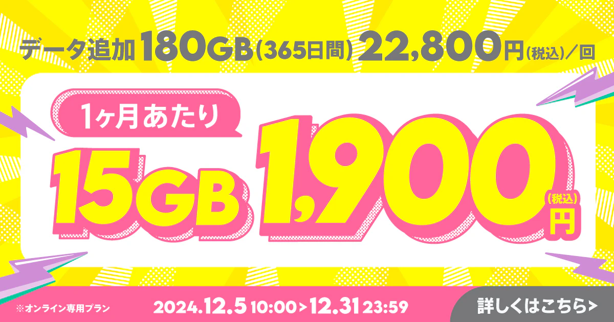 【期間限定】データ追加180GB(365日間)