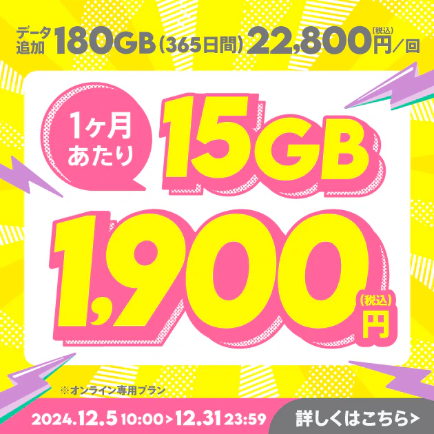 【期間限定】データ追加180GB(365日間)