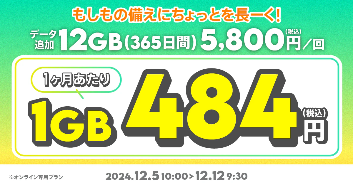 【期間限定】データ追加12GB(365日間)