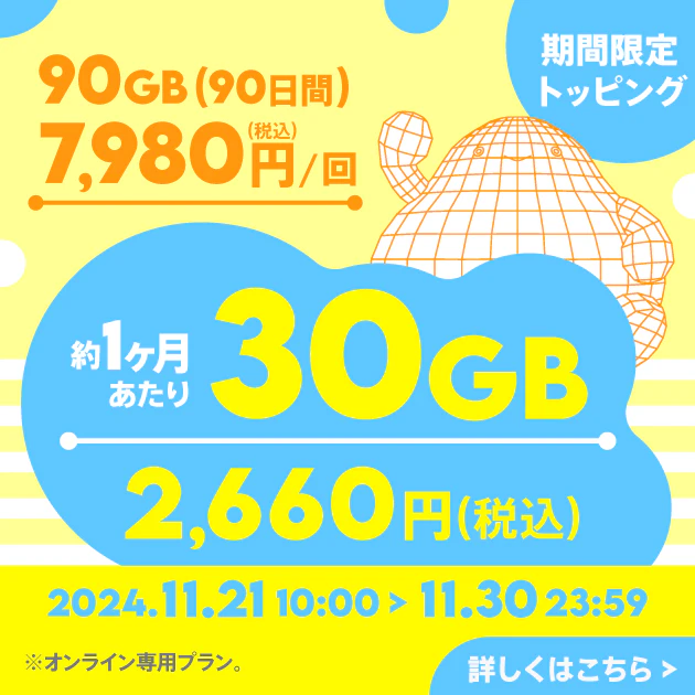 【期間限定】データ追加90GB(90日間)