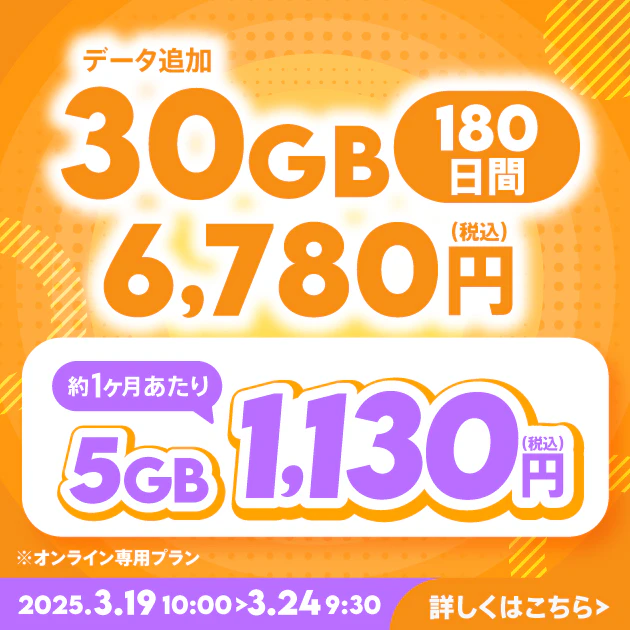【期間限定】データ追加30GB/180日間