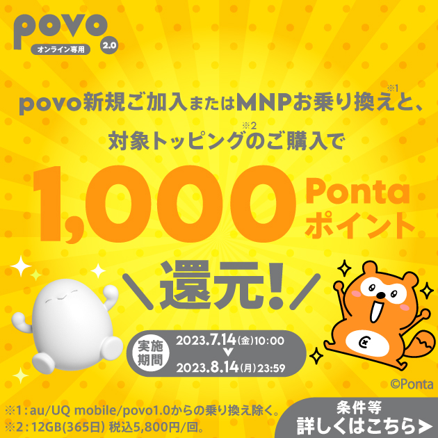 povo2.0を新しく始めてPontaポイントもらおうキャンペーン！