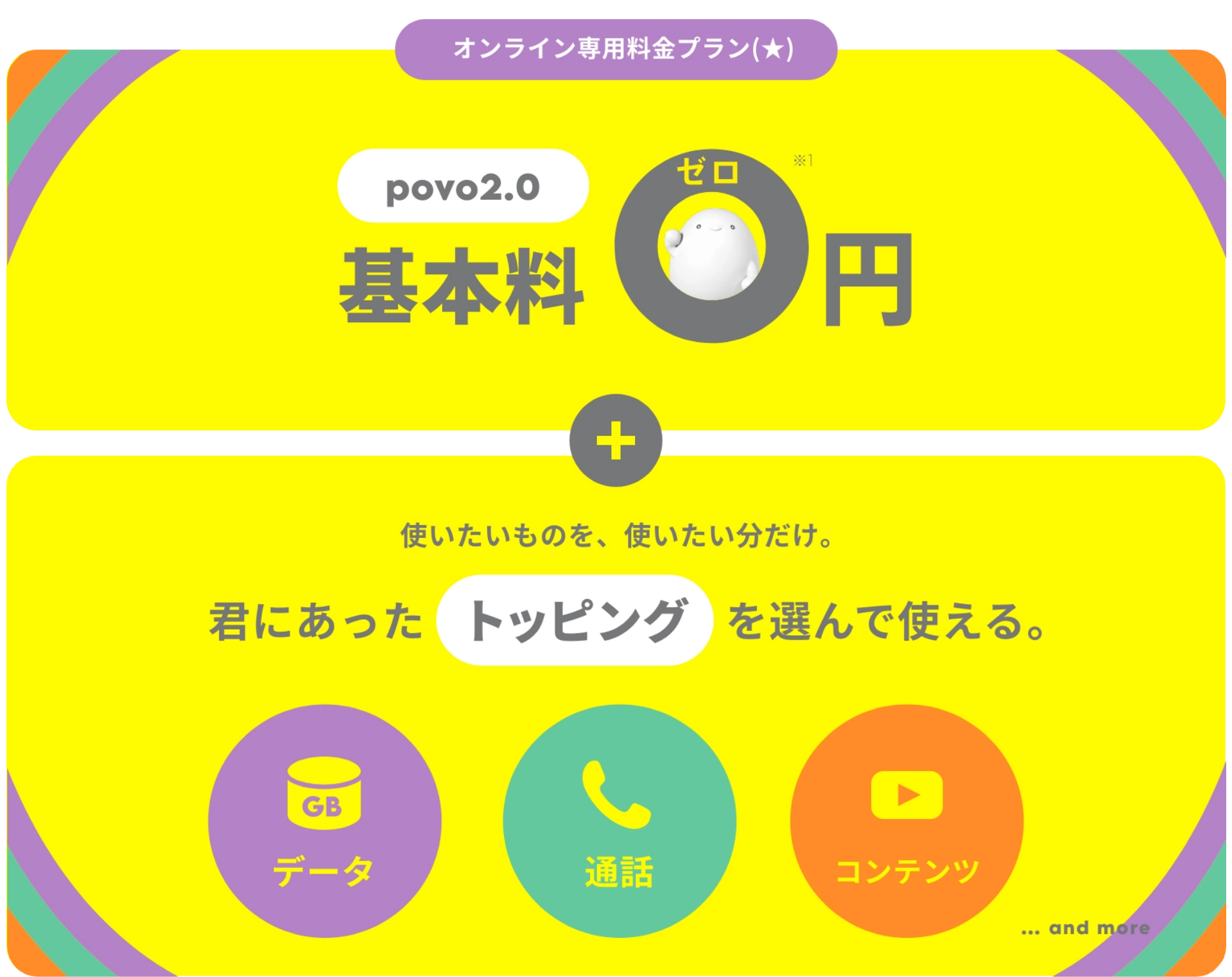 ゼロから自分でつくるスマホプラン／基本料0円＋使いたいものを、使いたい分だけ。君にあったトッピングを選んで使える。