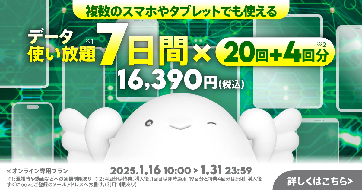 【期間限定】特典付き データ使い放題(7日間)20回分