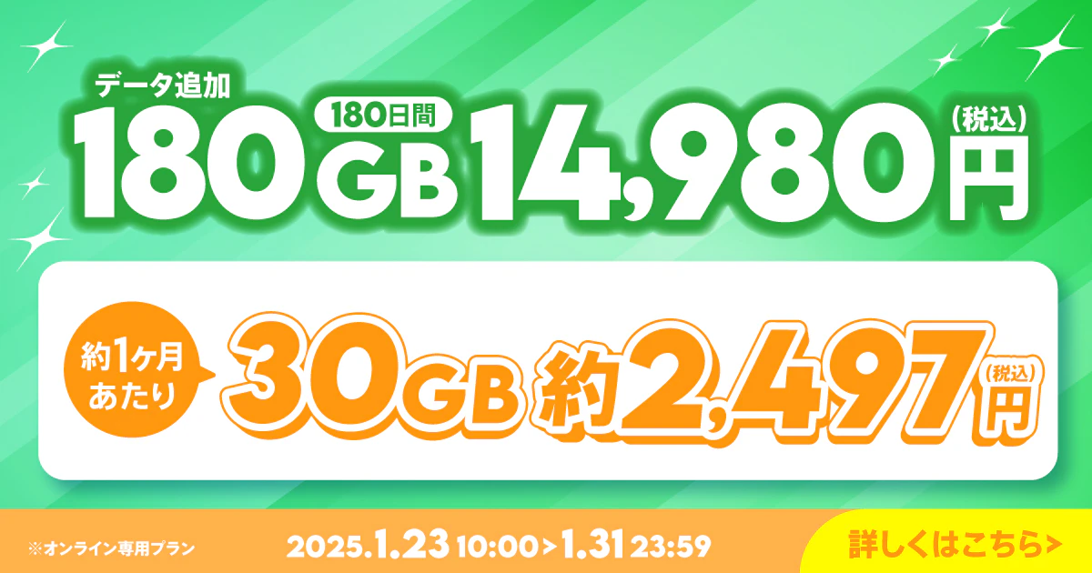 【期間限定】データ追加180GB(180日間)