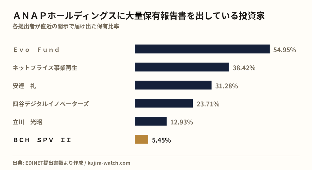 ＡＮＡＰホールディングスに大量保有報告書を出している投資家の保有比率比較