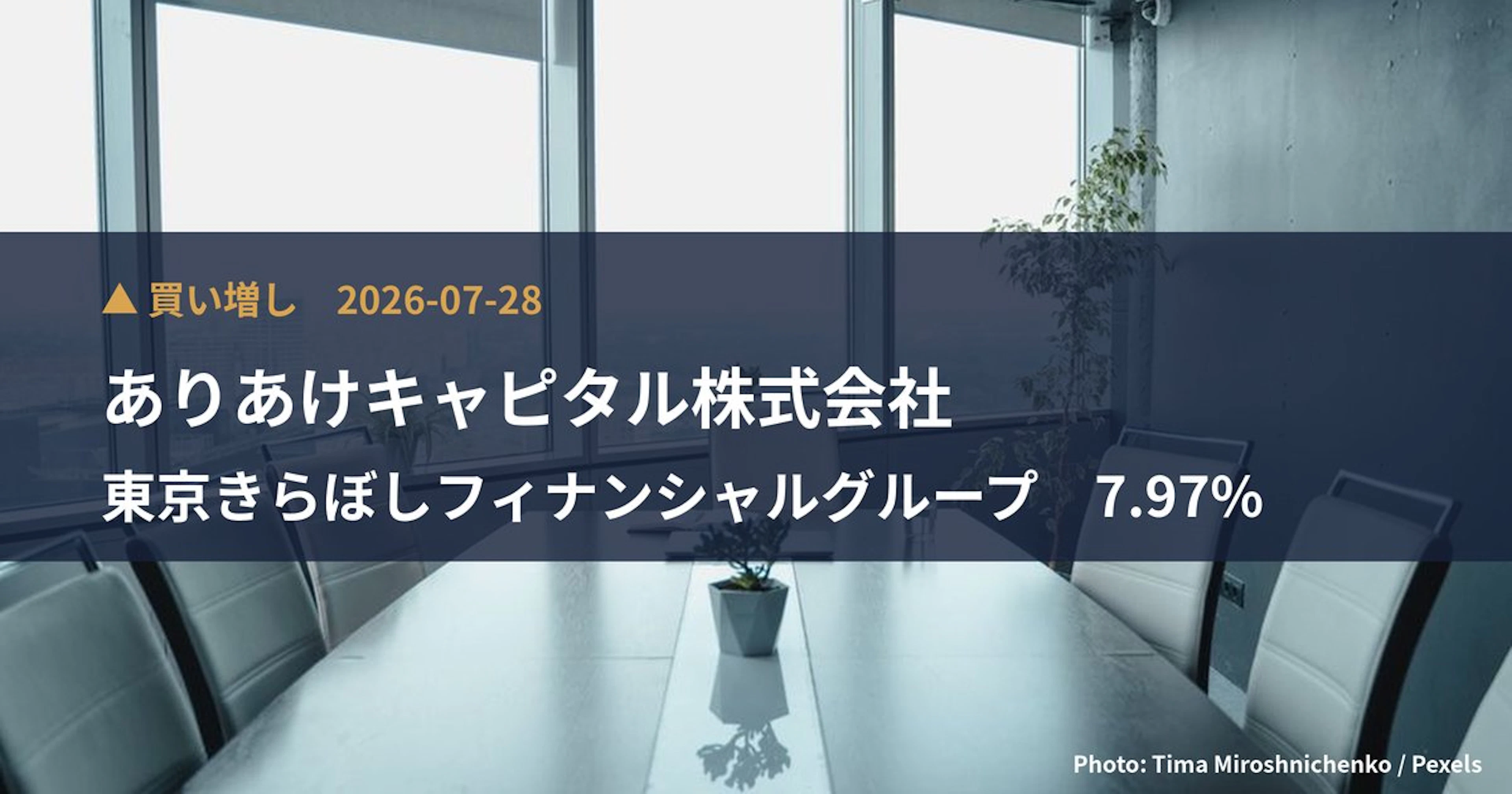 Ariake Capital Inc. Raises Stake in Tokyo Kiraboshi Financial Group (7173) to 7.97% | Large Shareholding Report