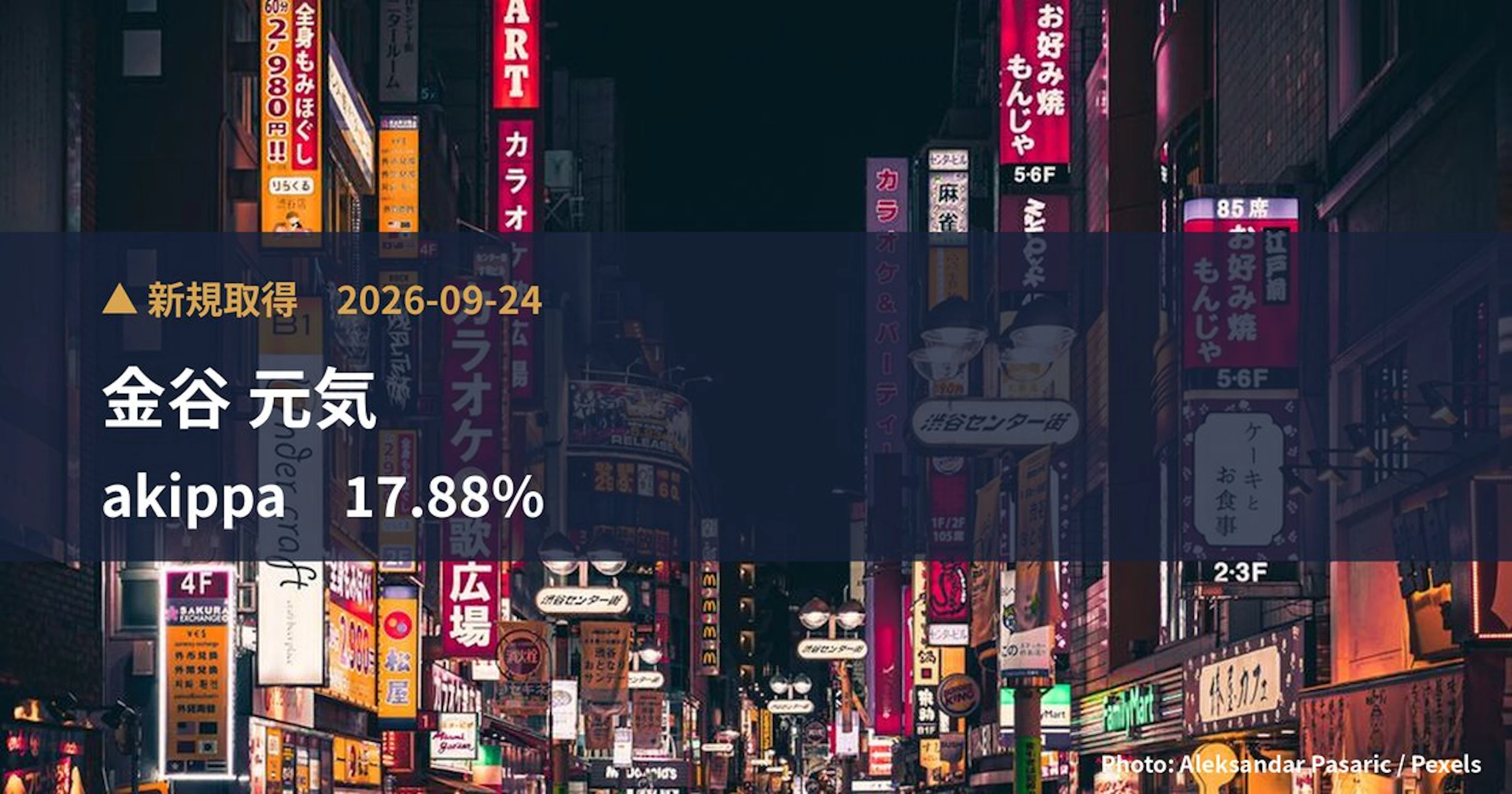 akippa（627A）、金谷 元気が17.88%を新規保有｜大量保有報告書