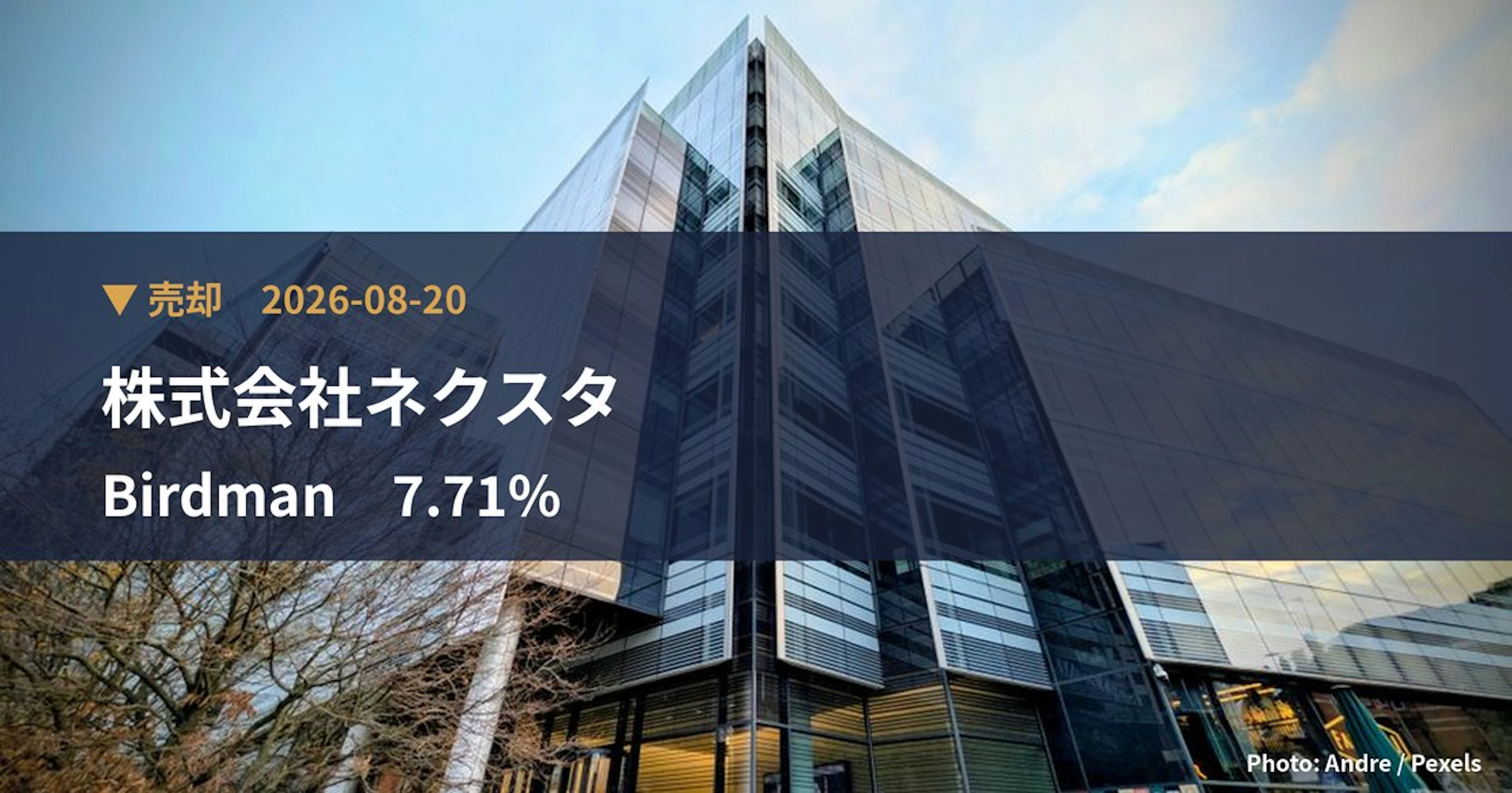 Birdman（7063）、株式会社ネクスタが保有比率7.71%に引き下げ｜大量保有報告書