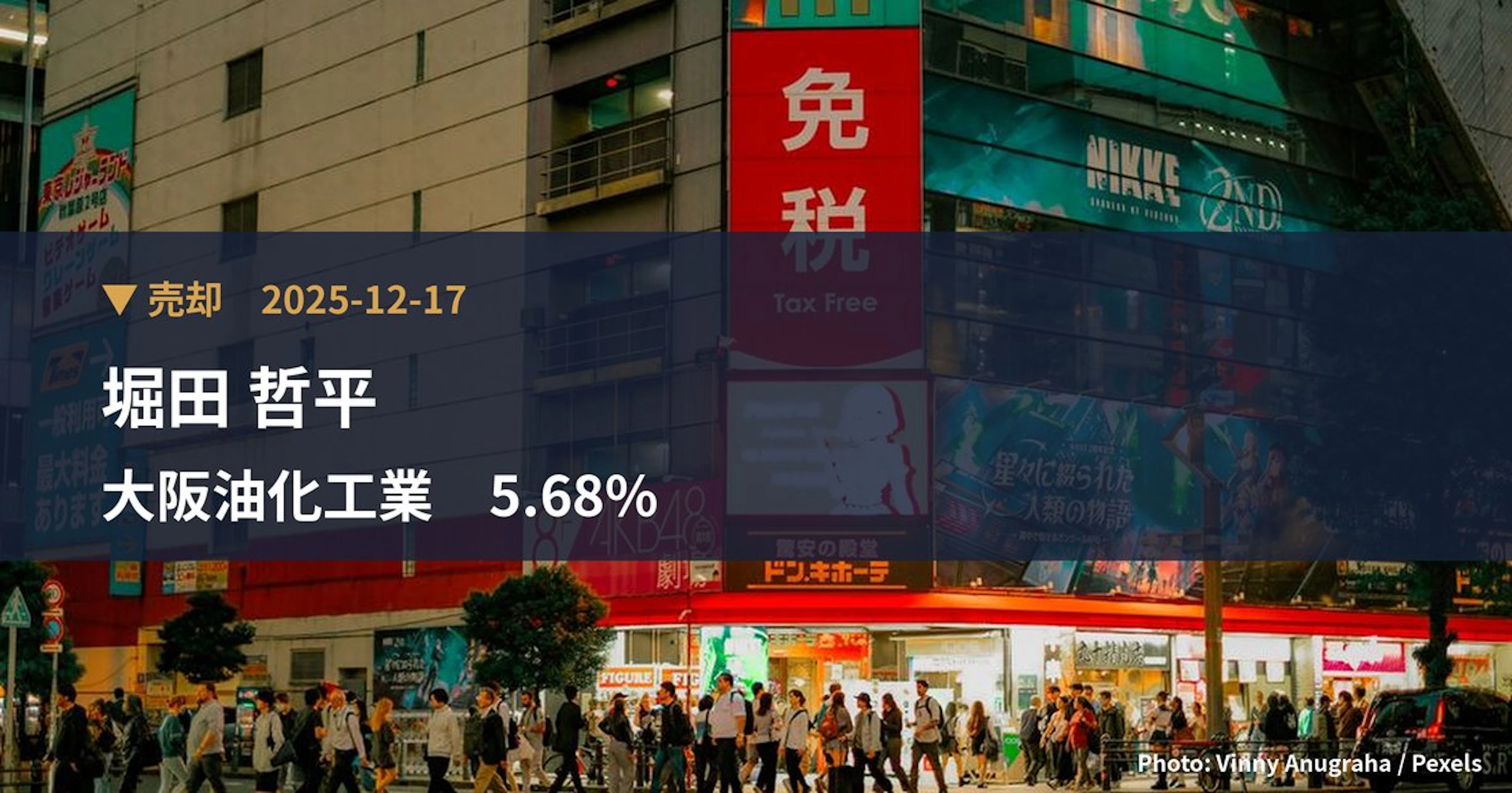 大阪油化工業（4124）、堀田 哲平が保有比率5.68%に引き下げ｜大量保有報告書