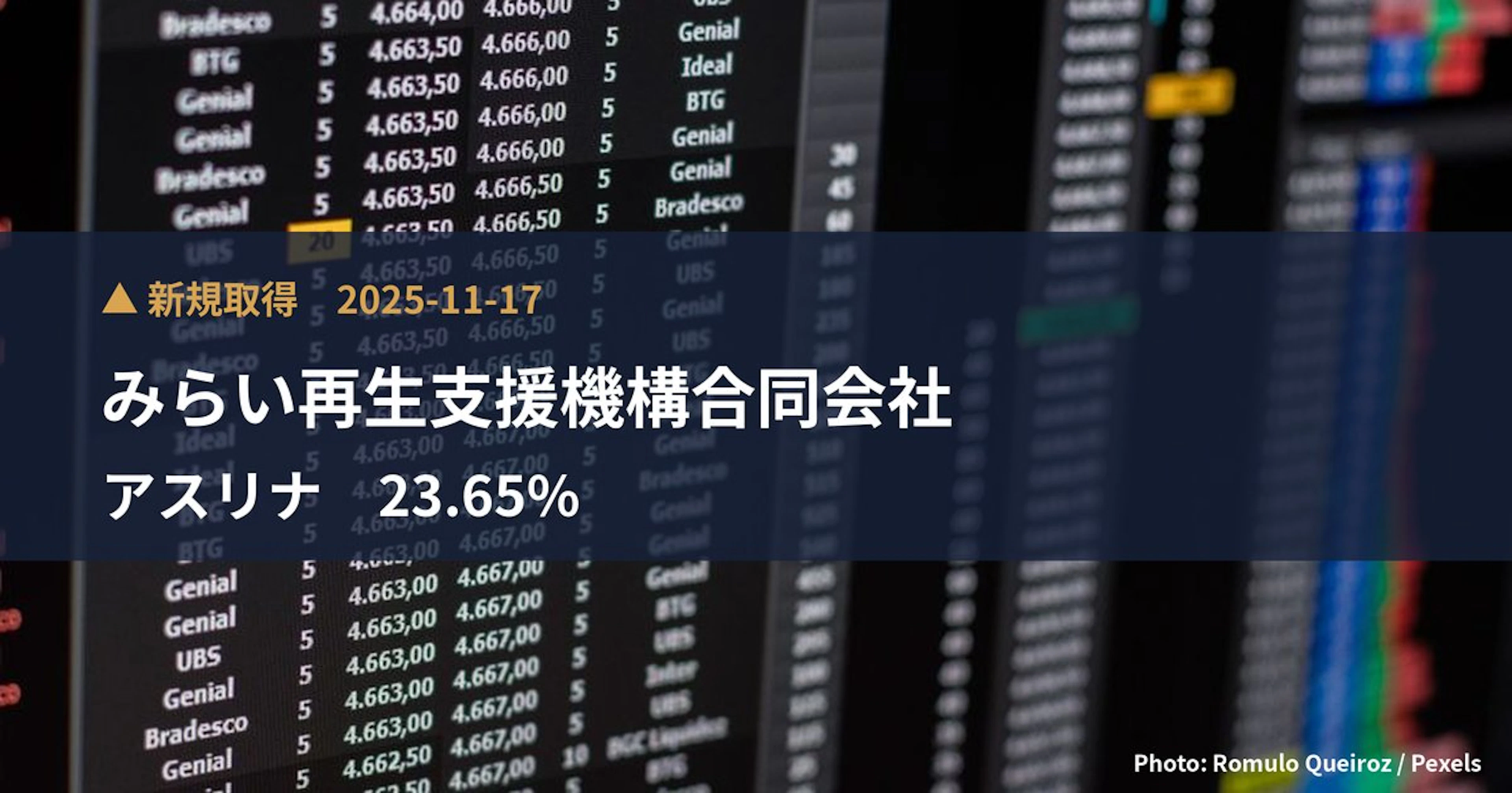 アスリナ（3647）、みらい再生支援機構合同会社が23.65%を新規保有｜大量保有報告書