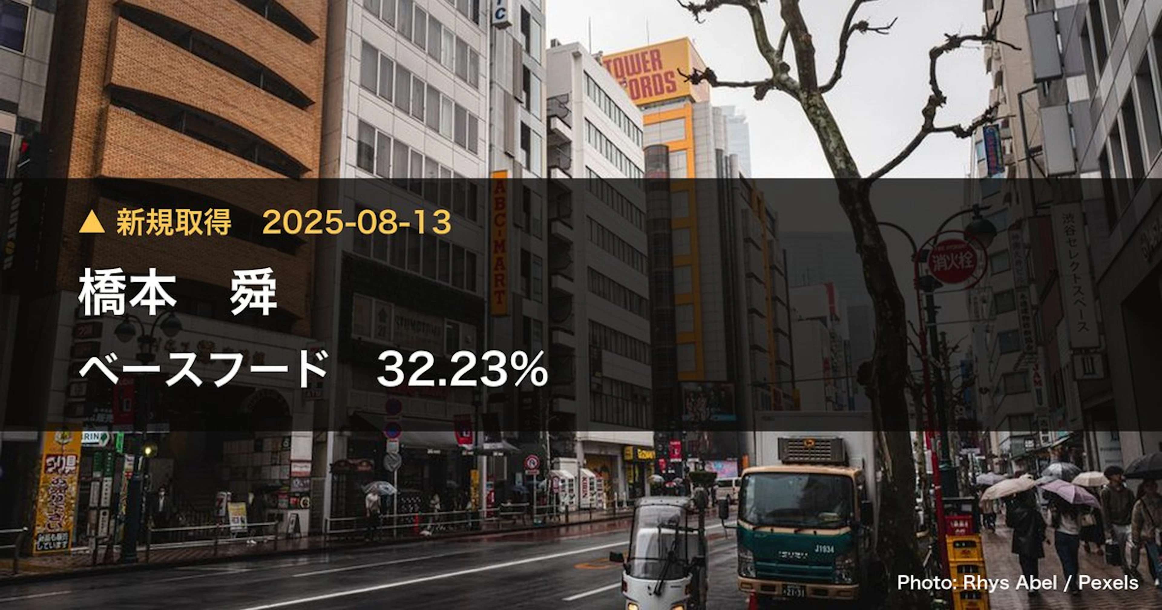 ベースフード（2936）、橋本 舜が34.62%を新規保有｜大量保有報告書