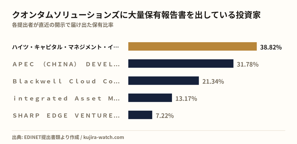 クオンタムソリューションズに大量保有報告書を出している投資家の保有比率比較