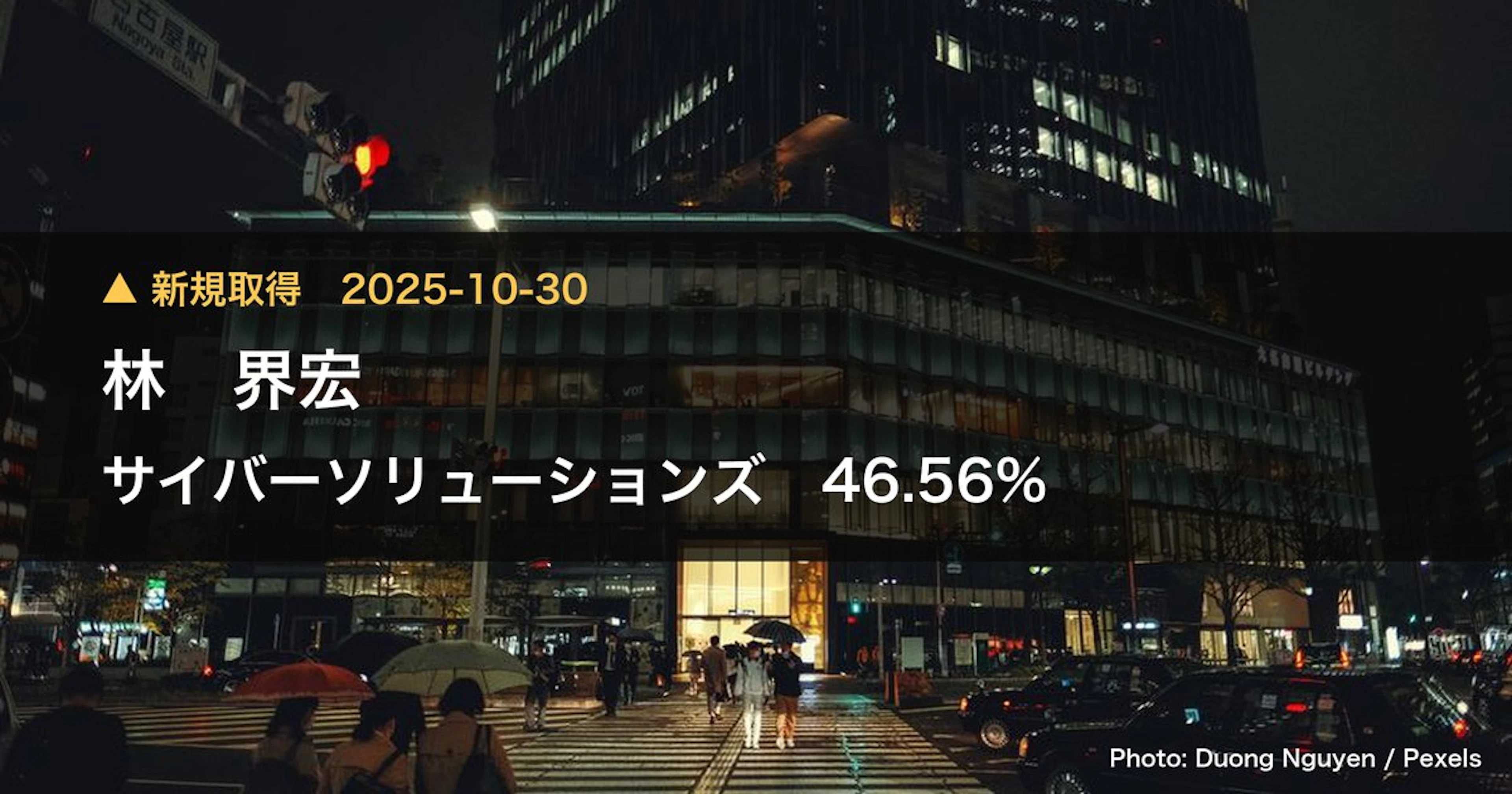 Kai Hayashi Takes 46.56% Stake in Cyber Solutions (436A) | Large Shareholding Report